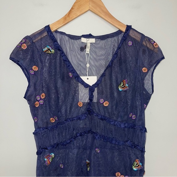 Joie Mesh Top Women's Size Medium Dark Blue‎ Embroidered Floral Short Sleeve MWT - Picture 3 of 6